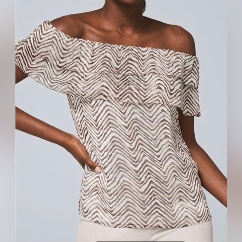 🌸NEW WHITE HOUSE BLACK MARKET BLOUSE Sz M WHITE/ BROWN /GOLD WITHOUT TAGS